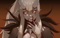 Rule 34 | 1girl, blood, blood on face, blood on hands, borrowed character, brown background, commentary, english commentary, facial mark, fingernails, gogalking, gradient background, grey hair, hair between eyes, hand up, head tilt, highres, horns, iga (okame nin), long hair, looking at viewer, nail polish, orange eyes, original, pointy ears, ponytail, red nails, shaded face, smile, solo, upper body