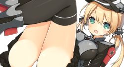 Rule 34 | 10s, 1girl, anchor hair ornament, ass, black school swimsuit, black thighhighs, blonde hair, blush, breasts, cross, green eyes, hair ornament, hair ribbon, hat, impossible clothes, iron cross, kantai collection, large breasts, long hair, long sleeves, microskirt, military, military uniform, open mouth, over-kneehighs, panties, peaked cap, pleated skirt, prinz eugen (kancolle), ribbon, school swimsuit, simple background, skirt, smile, solo, swimsuit, thighhighs, twintails, underwear, uniform, white background, white panties, yuuki5go