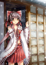 Rule 34 | 1girl, 90i, arms up, bad id, bad pixiv id, black hair, blush, bow, colored pencil (medium), detached sleeves, female focus, hair bow, hair tubes, hakurei reimu, japanese clothes, midriff, miko, open door, open mouth, perfect cherry blossom, ponytail, scarf, shirt, sign, skirt, skirt set, snowing, solo, touhou, traditional media, wide sleeves, yellow eyes