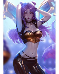 Rule 34 | 1girl, armpits, arms behind head, arms up, backlighting, blurry, blurry background, braid, breasts, bustier, choker, cleavage, collarbone, cowboy shot, double bun, facial mark, gloves, gold trim, highres, jewelry, k/da (league of legends), k/da kai&#039;sa, kai&#039;sa, large breasts, league of legends, long hair, looking at viewer, narrow waist, navel, necklace, official alternate costume, open mouth, pants, purple eyes, purple hair, purple lips, raikoart, realistic, signature, solo, tight clothes, tight pants, twin braids