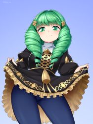 Rule 34 | 1girl, absurdres, artist name, black dress, blade ride, blue pantyhose, blush, closed mouth, clothes lift, dress, dress lift, drill hair, eyebrows, eyebrows hidden by hair, female focus, fire emblem, fire emblem: three houses, flayn (fire emblem), frilled dress, frills, from below, garreg mach monastery uniform, gradient background, green eyes, green hair, hair ornament, highres, lifting own clothes, long hair, long sleeves, looking at viewer, matching hair/eyes, nintendo, pantyhose, smile, solo, standing, uniform