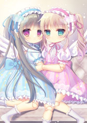 Rule 34 | 2girls, angel wings, blue dress, blue eyes, brown hair, child, couch, doll, doll joints, dress, expressionless, face-to-face, hairband, highres, hiiragi pino, hug, joints, kneeling, lolita fashion, lolita hairband, long hair, looking at viewer, multiple girls, original, pink dress, red eyes, ribbon, short dress, short sleeves, sitting, socks, twintails, very long hair, white footwear, wings