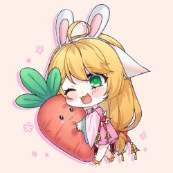 Rule 34 | 1girl, :3, ;d, ahoge, animal ears, anklet, bare legs, bell, blonde hair, blush, bow, carrot, chibi, chinese clothes, dress, ears down, fake animal ears, flower, fox ears, full body, green eyes, hanfu, highres, holding, holding carrot, huyao xiao hongniang, jewelry, kumu zaisheng, layered sleeves, long hair, long sleeves, low-tied long hair, one eye closed, open mouth, oversized food, oversized object, pink background, pink dress, pink flower, rabbit ears, red bow, smile, solo, tushan susu, waist bow, walking, wide sleeves