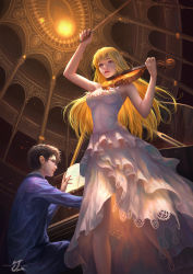 Rule 34 | 1boy, 1girl, absurdres, arima kousei, bench, black hair, blonde hair, breasts, commentary, concert, dress, english commentary, eyewear on head, from below, highres, holding, holding instrument, holding violin, instrument, jerry loh, long hair, medium breasts, miyazono kawori, music, musical note, on shoulder, piano, playing instrument, reading, shigatsu wa kimi no uso, sitting, stage, stage lights, standing, stick, violin, white dress