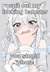 Rule 34 | 1girl, absurdres, fuura yuri, animal ear fluff, animal ears, blush, cat ears, cat girl, clothing cutout, cyberlive, dress, english text, fangs, fuura yuri (artist), grey background, grey dress, grey eyes, grey hair, highres, low twintails, macro, meme, open mouth, pov, profanity, shoulder cutout, sketch, solo focus, spit out my fucking hamster (meme), tearing up, twintails, virtual youtuber