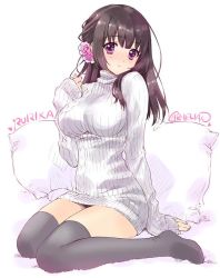Rule 34 | 1girl, artist request, black thighhighs, blush, breasts, brown hair, carnelian, flower, hair flower, hair ornament, jpeg artifacts, large breasts, long hair, long sleeves, looking at viewer, md5 mismatch, no pants, original, pillow, purple eyes, resized, resolution mismatch, ribbed sweater, rurika (carnelian), simple background, sitting, smile, solo, source larger, sweater, thighhighs, turtleneck, wariza