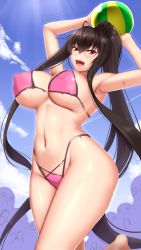 Rule 34 | 1girl, akitsuki karasu, armpits, arms up, ball, beachball, black hair, blue sky, blush, bodypaint, breasts, exhibitionism, hair between eyes, highres, kurochijo, large breasts, long hair, looking at viewer, naked paint, navel, nipples, nude, open mouth, original, paint, painted clothes, ponytail, public indecency, red eyes, sidelocks, sky, smile, solo, thighs, very long hair
