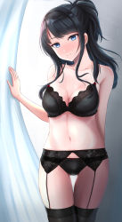 Rule 34 | 1girl, black bra, black hair, black panties, blue eyes, blush, bra, breasts, cleavage, closed mouth, collarbone, commentary request, cowboy shot, curtains, garter belt, garter straps, highres, idolmaster, idolmaster shiny colors, kazano hiori, lingerie, long hair, medium breasts, mole, mole under mouth, navel, panties, ponytail, shogun (a96040021), solo, thighhighs, underwear, underwear only