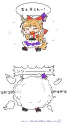 Rule 34 | 1girl, bow, byourou, chibi, dated, fang, hair bow, horn ornament, horn ribbon, horns, ibuki suika, long hair, open mouth, orange hair, ribbon, scarf, simple background, smile, snow, snowball, solo, touhou, white background
