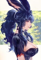 Rule 34 | 1girl, animal ear fluff, animal ears, black hair, breasts, character request, choker, cleavage, final fantasy, final fantasy xiv, from side, highres, large breasts, lips, looking at viewer, looking to the side, mole, mole under mouth, parted lips, ponytail, red eyes, sidelocks, smile, solo, viera, warrior of light (ff14)