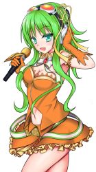 Rule 34 | 1girl, ayahira, bad id, bad pixiv id, gloves, goggles, goggles on head, green eyes, green hair, gumi, highres, long hair, looking at viewer, matching hair/eyes, microphone, navel, open mouth, simple background, skirt, solo, vocaloid