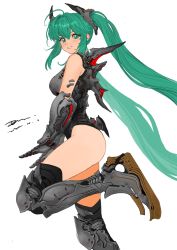 Rule 34 | 1girl, absurdres, alternate costume, aqua eyes, aqua hair, breasts, devil lo, elbow gloves, feet out of frame, from side, gloves, hatsune miku, highres, large breasts, leotard, long hair, looking at viewer, parted lips, science fiction, simple background, smile, solo, standing, standing on one leg, thighhighs, twintails, very long hair, vocaloid, white background