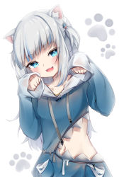 Rule 34 | 1girl, :d, animal costume, animal ear fluff, animal ears, animal hood, blue eyes, blue hair, blue hoodie, blunt bangs, blush, breasts, cat ears, clothing cutout, collarbone, cowboy shot, drawstring, fang, fang out, fish skeleton, gawr gura, gawr gura (1st costume), hair ornament, head tilt, highres, hololive, hololive english, hood, hood down, hoodie, kemonomimi mode, long hair, long sleeves, looking at viewer, multicolored hair, navel, open mouth, paw pose, paw print, paw print background, shark costume, shark hair ornament, shark hood, shark print, sharp teeth, side cutout, sidelocks, silver hair, simple background, sleeves past wrists, small breasts, smile, solo, standing, streaked hair, teeth, two side up, umou (may65879), very long hair, virtual youtuber, white background, wide sleeves
