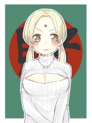 Rule 34 | 1girl, blonde hair, blush, breasts, brown eyes, cleavage, cleavage cutout, clothing cutout, facial mark, forehead mark, iyo (iyotanntann), jewelry, large breasts, long hair, looking at viewer, low twintails, meme attire, naruto, naruto (series), necklace, open-chest sweater, ribbed sweater, solo, sweater, tsunade (naruto), twintails