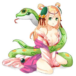 Rule 34 | 1girl, :t, bare shoulders, blonde hair, breasts, chinese clothes, cleavage, collarbone, green eyes, meimei (p&amp;d), miaku, off shoulder, pout, puzzle &amp; dragons, snake, solo, turtle shell