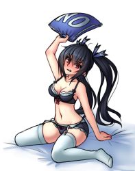Rule 34 | 10s, 1girl, angry, arm support, black hair, blush, bra, breasts, cleavage, clenched teeth, garter belt, grimace, hair ribbon, lingerie, long hair, monorus, navel, neptune (series), no, noire (neptunia), panties, pillow, red eyes, rejection, ribbon, simple background, sitting, solo, teeth, thighhighs, twintails, underwear, wariza, yes-no pillow