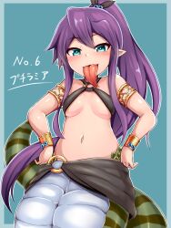 Rule 34 | blush, breasts, forked tongue, green eyes, highres, lamia, long hair, long tongue, mon-musu quest!, monster girl, navel, pointy ears, purple hair, raichi (ddq0246), small breasts, smile, teeny (mon-musu quest!), tongue, tongue out, underboob