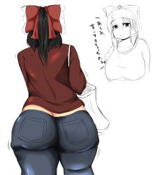Rule 34 | 1girl, ass, ass shake, bag, black hair, blush, bow, breasts, butt crack, casual, contemporary, denim, fat, female focus, hair bow, hakurei reimu, highres, huge ass, jeans, large bow, large breasts, long hair, nengorogoro, pants, plump, ponytail, red shirt, shirt, shoulder bag, simple background, solo, sweat, thick thighs, thighs, touhou, translation request, wide hips