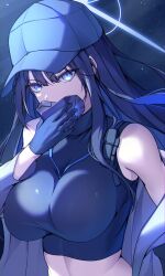Rule 34 | 1girl, absurdres, bare shoulders, baseball cap, black gloves, blue archive, blue eyes, blue hair, breasts, crop top, gloves, halo, hat, highres, holding, holding mask, jacket, lanyard, large breasts, long hair, looking at viewer, mask, midriff, open clothes, open jacket, removing mask, saori (blue archive), solo, sora shitatoge, upper body