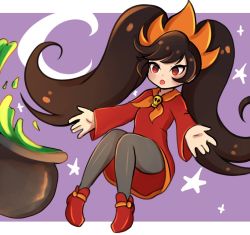Rule 34 | 1girl, :o, ashley (warioware), big hair, black hair, black pantyhose, cauldron, chanpotei, crescent moon, dress, floating, knees together feet apart, legs together, long hair, long sleeves, moon, neckwear request, nintendo, orange neckwear, outstretched arms, pantyhose, parted lips, red dress, red eyes, red footwear, sidelocks, skull, spread arms, star (symbol), starry background, twintails, very long hair, warioware, witch