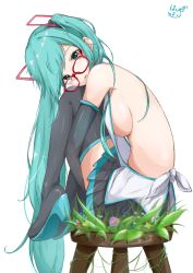 Rule 34 | 1girl, absurdres, aqua eyes, aqua hair, backless outfit, bare back, bare shoulders, bespectacled, black footwear, black skirt, boots, breasts, full body, glasses, grass, hair ornament, hatsune miku, high heel boots, high heels, highres, hoshimiya mashiro, hugging own legs, knees to chest, knees up, long hair, looking at viewer, looking to the side, medium breasts, no bra, parted lips, pleated skirt, red-framed eyewear, ribbon, sideboob, signature, simple background, sitting, skirt, solo, stool, swept bangs, thigh boots, thighhighs, twintails, very long hair, vocaloid, white background, white ribbon, zettai ryouiki