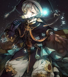 Rule 34 | 1boy, black background, brown hair, glowing, hat, jewelry, long sleeves, looking at viewer, magic, male focus, necklace, old clock chronos (otogi:spirit agents), otogi:spirit agents, roman numeral, short hair, solo, uguisu noki, wand, yellow eyes