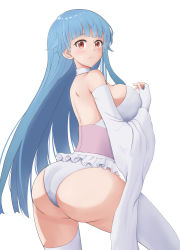 Rule 34 | 1girl, aqua hair, ass, back, blue hair, blush, boots, breasts, cowboy shot, detached sleeves, fingerless gloves, flower, frilled kimono, frills, gloves, hair flower, hair ornament, highres, japanese clothes, kimono, large breasts, leotard, long hair, long sleeves, looking at viewer, looking back, obi, red eyes, ring dream, sash, solo, suzunarisakuya, thigh boots, thighhighs, white gloves, white thighhighs, wide sleeves, wrestling outfit, yuki onna (ring dream)