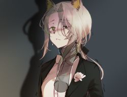 Rule 34 | 1girl, animal ears, arknights, black background, black suit, bow, bowtie, breasts, cat ears, commentary request, crying, disembodied limb, formal, green eyes, hair bow, highres, kal&#039;tsit (arknights), light green hair, long sleeves, looking at viewer, medium hair, moonlgnance, official alternate costume, open clothes, parted lips, ponytail, ribbon, shadow, shirt, small breasts, strangling, suit, tears, traditional bowtie, upper body, white neckwear, white shirt