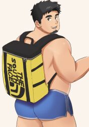 Rule 34 | 1boy, ass, backpack, bag, bara, belly, blue shorts, brand name imitation, dolphin shorts, facial hair, fat, fat man, goatee, highres, kosuke (ksk11ksk11), looking at viewer, looking back, male focus, mustache stubble, original, short hair, shorts, sideburns stubble, smile, solo, stubble, the north face, thick eyebrows, thick thighs, thighs, topless male, zipper