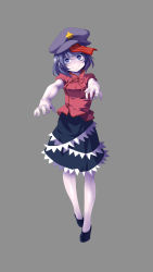 Rule 34 | 1girl, absurdres, breasts, female focus, full body, hat, highres, huangquan dong (sinchi), jiangshi, miyako yoshika, ofuda, outstretched arms, pale skin, purple eyes, purple hair, short hair, simple background, skirt, smile, solo, star (symbol), touhou, zombie pose