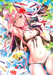 Rule 34 | 10s, 1girl, arm up, bad id, bad pixiv id, bikini, black bikini, blurry, blurry foreground, blush, book, breasts, cd player, closed mouth, colored pencil, commentary request, darling in the franxx, depth of field, dutch angle, earbuds, earphones, fingernails, flower, front-tie bikini top, front-tie top, green eyes, hair between eyes, hair flower, hair ornament, holding, holding book, horns, jpeg artifacts, long hair, looking at viewer, lying, medium breasts, nail polish, navel, on back, pencil, petals, petals on liquid, pierorabu, pink hair, red flower, red nails, solo, summer, swimsuit, very long hair, water, white flower, zero two (darling in the franxx)