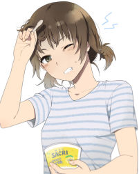 Rule 34 | 1girl, black eyes, brain freeze, brown hair, clenched teeth, food, ice cream, looking at viewer, mattaku mousuke, one eye closed, original, shirt, simple background, solo, striped clothes, striped shirt, teeth, twintails, white background