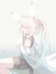 Rule 34 | 1girl, absurdres, animal ears, arknights, arm behind head, arm support, black shorts, blonde hair, breasts, coat, commentary, dorothy (arknights), feet out of frame, gradient background, gradient hair, green hair, grey background, highres, kujou koto, lab coat, large breasts, long hair, looking at viewer, mouse ears, mouse girl, mouse tail, mouth hold, multicolored hair, partially undressed, ribbon, ribbon in mouth, shirt, shorts, simple background, tail, tying hair, very long hair, white coat, white shirt, yellow eyes