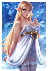 Rule 34 | 1girl, bare arms, bare shoulders, blonde hair, bow, deviantart username, dress, green eyes, long hair, looking at viewer, nintendo, olchas, paid reward available, panties, patreon username, pointy ears, princess zelda, signature, solo, the legend of zelda, underwear, white dress, white panties, yellow bow