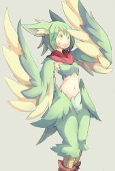 Rule 34 | 1girl, 4138, animal ears, bad id, bad pixiv id, blush, breasts, feathered wings, feathers, green feathers, green hair, harpy, highres, midriff, monster girl, original, scarf, simple background, small breasts, solo, winged arms, wings, yellow eyes