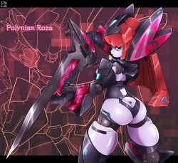 Rule 34 | 1girl, absurdres, android, ass, breasts, butt crack, doll joints, from behind, green eyes, headgear, highres, holding, holding weapon, humanoid robot, joints, long hair, looking at viewer, looking back, mecha musume, medium breasts, metal skin, nanzisi 69, red hair, revealing clothes, robot, robot joints, robot neoanthropinae polynian, roza (polynian), shiny skin, solo, standing, sword, thighs, weapon