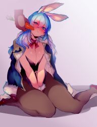 Rule 34 | 10s, 1girl, :t, animal ears, between legs, black pantyhose, blue eyes, blue hair, blue jacket, blush, booch, bow, bowtie, braid, breasts, breasts squeezed together, carrot, cheek press, cleavage, closed mouth, dark-skinned male, dark skin, detached collar, eyebrows, fake animal ears, french braid, fur trim, granblue fantasy, hair between eyes, high heels, highres, jacket, jacket on shoulders, large breasts, leotard, long hair, looking away, looking to the side, nose blush, open clothes, open jacket, pantyhose, playboy bunny, purple background, rabbit ears, red bow, red footwear, shadow, shoes, sitting, solo focus, tears, therese (granblue fantasy), v arms, wariza, wrist cuffs