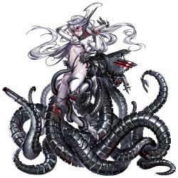 Rule 34 | 1girl, absurdres, abyssal ship, arm behind head, arm up, battleship girl, belt bra, black panties, boots, bracer, breasts, chain, claw (weapon), covered erect nipples, cropped jacket, dark-skinned female, dark skin, eyelashes, floating hair, full body, gloves, glowing, glowing eyes, gorget, grey hair, groin, hair between eyes, hand up, headgear, high heels, highleg, highleg panties, highres, long hair, looking at viewer, looking down, navel, no pants, panties, quuni, red eyes, ribs, rudder footwear, shoes, simple background, small breasts, smile, solo, stomach, tail, tentacles, thigh boots, thighhighs, underwear, very long hair, weapon, white background, white footwear, white gloves, white thighhighs