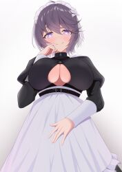 Rule 34 | 1girl, absurdres, apron, azur lane, bellona (armed to clean) (azur lane), bellona (azur lane), belt, black belt, black dress, blush, breasts, chest belt, closed mouth, clothing cutout, commentary request, commission, cowboy shot, dress, earrings, grey hair, hair between eyes, hand up, heart, heart-shaped pupils, highres, jewelry, large breasts, long sleeves, looking at viewer, maid, maid apron, maid headdress, official alternate costume, partial commentary, puffy long sleeves, puffy sleeves, purple eyes, ring, short hair, sidelocks, simple background, skeb commission, smile, solo, standing, symbol-shaped pupils, underboob, underboob cutout, wedding ring, white background, yumemin (yumemi5140)