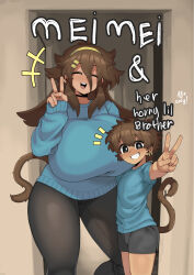 Rule 34 | 1boy, 1girl, age difference, black eyes, black pants, blue shirt, blue sweater, breasts, brother and sister, brown hair, closed eyes, cowboy shot, door, english text, greasymeta, grin, huge breasts, long hair, long sleeves, looking at viewer, monkey boy, monkey girl, monkey tail, onee-shota, open mouth, pants, puffy sleeves, shirt, shorts, siblings, size difference, smile, standing, sweater, tail, taut sweater, thick thighs, thighs, v, wide hips