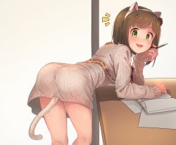 Rule 34 | 10s, 1girl, :3, absurdres, anal tail, animal ears, aran sweater, arm rest, ass, book, breasts, brown hair, brown sweater, butt plug, cable knit, cat ears, cat tail, commentary, desk, dress, fake animal ears, fake tail, fang, from behind, green eyes, hairband, highres, holding, holding pen, idolmaster, idolmaster cinderella girls, indoors, kamille (vcx68), leaning forward, leaning on object, looking at viewer, maekawa miku, nail polish, open mouth, paper, pen, ribbon trim, sex toy, short hair, sleeves past wrists, smile, solo, sweater, sweater dress, tail, wall, white hairband
