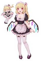 Rule 34 | 1girl, alternate costume, apron, black dress, black footwear, blonde hair, blush, breasts, bustier, cleavage, closed eyes, collarbone, crystal, dress, dress tug, enmaided, fangs, flandre scarlet, frilled dress, frills, full body, hair ribbon, highres, himuhino, looking at viewer, maid, maid headdress, mary janes, medium hair, multiple views, one side up, open mouth, red eyes, red ribbon, ribbon, shoes, slit pupils, small breasts, solo, standing, thighhighs, touhou, waist apron, white background, white thighhighs, wings, wrist cuffs