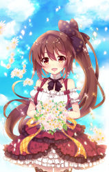 Rule 34 | 1girl, :d, black bow, black thighhighs, blue sky, blush, bouquet, bow, brown eyes, brown hair, character request, cloud, commentary request, cowboy shot, detached sleeves, dress, flower, frilled shirt, frills, gothic wa mahou otome, hair between eyes, hair bow, head tilt, high ponytail, highres, hinata momo, holding, holding bouquet, long hair, off-shoulder shirt, off shoulder, open mouth, puffy short sleeves, puffy sleeves, red dress, shirt, short sleeves, side ponytail, sky, sleeveless, sleeveless dress, smile, solo, thighhighs, very long hair, white flower, white shirt