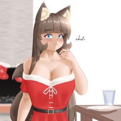 Rule 34 | 1girl, absurdres, animal ear fluff, animal ears, blue eyes, blush, breasts, brown hair, brown tail, cat ears, cat girl, cat tail, christmas, christmas ornaments, christmas stocking, cleavage, cookie, dress, eating, fireplace, fluffy, food, green eyes, highres, large breasts, looking at viewer, milk, multicolored eyes, original, santa costume, santa dress, simple background, surprised, table, tail, takie, takie arts, text focus