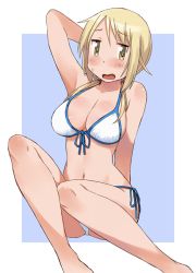 Rule 34 | 1girl, bikini, blonde hair, blue background, blush, border, breasts, cleavage, commentary request, feet out of frame, front-tie top, halterneck, ichii yui, katatsuka kouji, large breasts, long hair, looking at viewer, side-tie bikini bottom, sitting, solo, string bikini, swimsuit, twintails, two-tone background, white bikini, white border, yellow eyes, yuyushiki