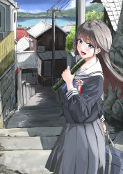 Rule 34 | 1girl, :d, bag, black hair, blue bow, blue bowtie, blue eyes, blue skirt, blunt bangs, bow, bowtie, building, commentary request, diploma, graduation, highres, holding, holding bag, house, long hair, long sleeves, looking at viewer, open mouth, original, outdoors, power lines, sailor collar, school bag, school uniform, serafuku, shadow, signature, skirt, smile, solo, soragane (banisinngurei), stairs, tube, uniform, utility pole, white sailor collar