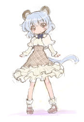 Rule 34 | 1girl, animal ears, bow, chibi, commentary request, frilled skirt, frills, full body, grey eyes, grey hair, high-waist skirt, highres, long sleeves, mizuki hitoshi, mouse ears, mousetrap, nazrin, shawl, shoes, short hair, sketch, skirt, smile, socks, solo, standing, touhou