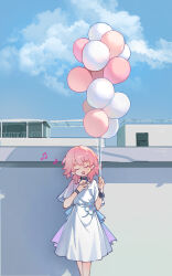 1girl alternate_costume balloon beamed_eighth_notes black_choker blue_dress blue_sky bra_strap chinese_commentary choker closed_eyes cloud collarbone commentary_request cowboy_shot dress earrings flower_ornament haiyuezhishi half_note hand_on_own_chest highres holding holding_balloon honkai:_star_rail honkai_(series) jewelry march_7th_(honkai:_star_rail) medium_dress multicolored_dress music musical_note open_mouth pink_dress pink_hair singing single_earring sky solo standing white_dress