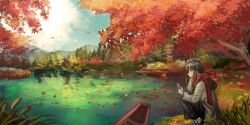 Rule 34 | 1girl, autumn, autumn leaves, brown eyes, brown hair, canoe, cattail, day, earbuds, earphones, expressionless, fence, forest, from side, grass, highres, holding, holding phone, jacket, leaf on liquid, long hair, mary janes, nature, okurasato, original, outdoors, pants, phone, plaid, plaid scarf, plant, scarf, scenery, shoes, sky, socks, solo, squatting, tree