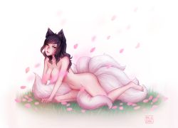 Rule 34 | 1girl, ahri (league of legends), animal ears, black hair, blurry, blush, breasts, cleavage, commentary, depth of field, facial mark, fox ears, fox girl, fox tail, from side, full body, grass, highres, large breasts, league of legends, lips, long hair, looking at viewer, multiple tails, nose blush, nude, parted lips, petals, pink petals, pinup (style), shari cote, solo, tail, whisker markings, white background, yellow eyes